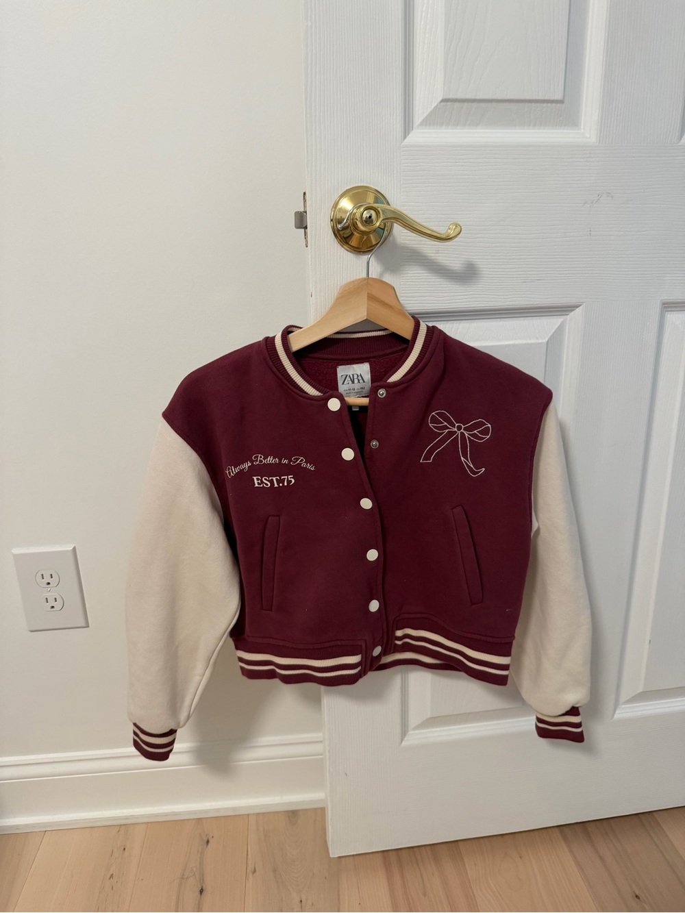 Zara Maroon and Cream Snap-Front Varsity Jacket